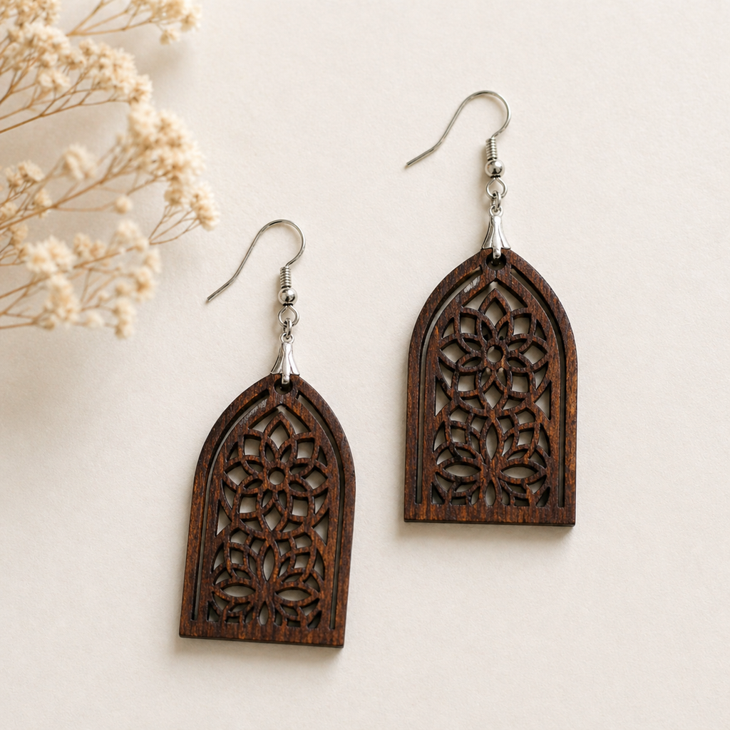Boho Mandala Arch Earrings for Women | Intricate Wooden Statement Earrings