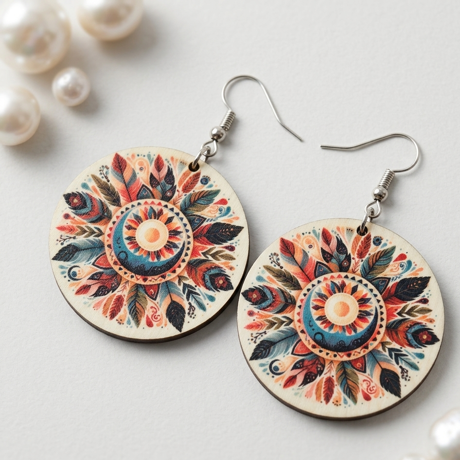Boho feather mandala wooden earrings colorful ethnic circular dangle earrings for women Main image