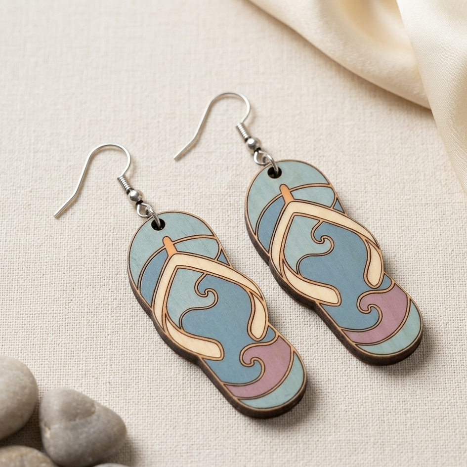Boho flip flop wooden earrings pastel beach sandals dangle earrings for women
