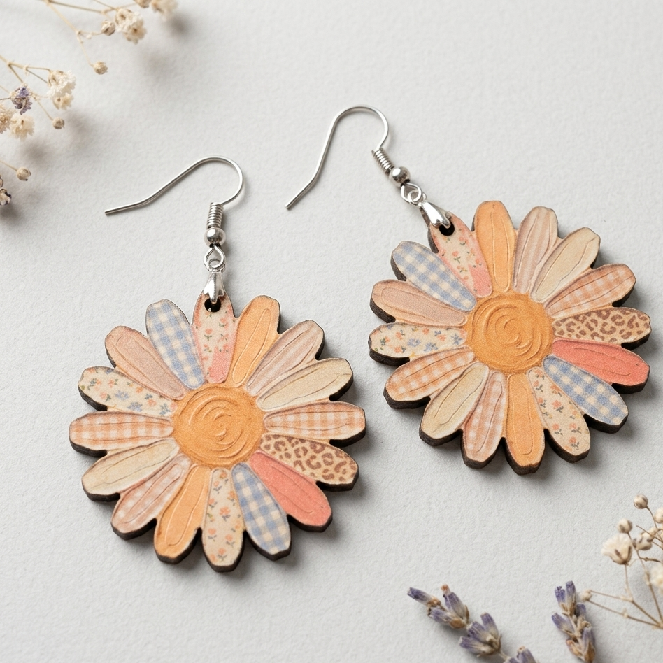 Boho patchwork daisy wooden earrings pastel floral dangle earrings for women Main image