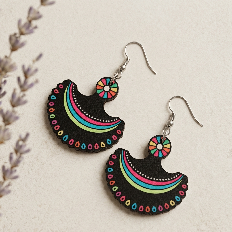 Boho rainbow arc wooden earrings for women with colorful ethnic pattern on black base and hook closure
