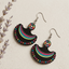 Boho rainbow arc wooden earrings for women with colorful ethnic pattern on black base and hook closure