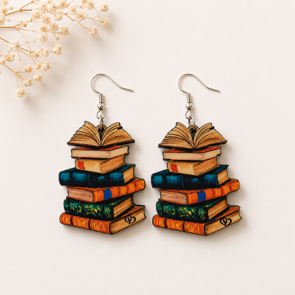 Book Stack Wooden Earrings for Women featuring colorful vintage books with an open book design and lightweight silver hooks