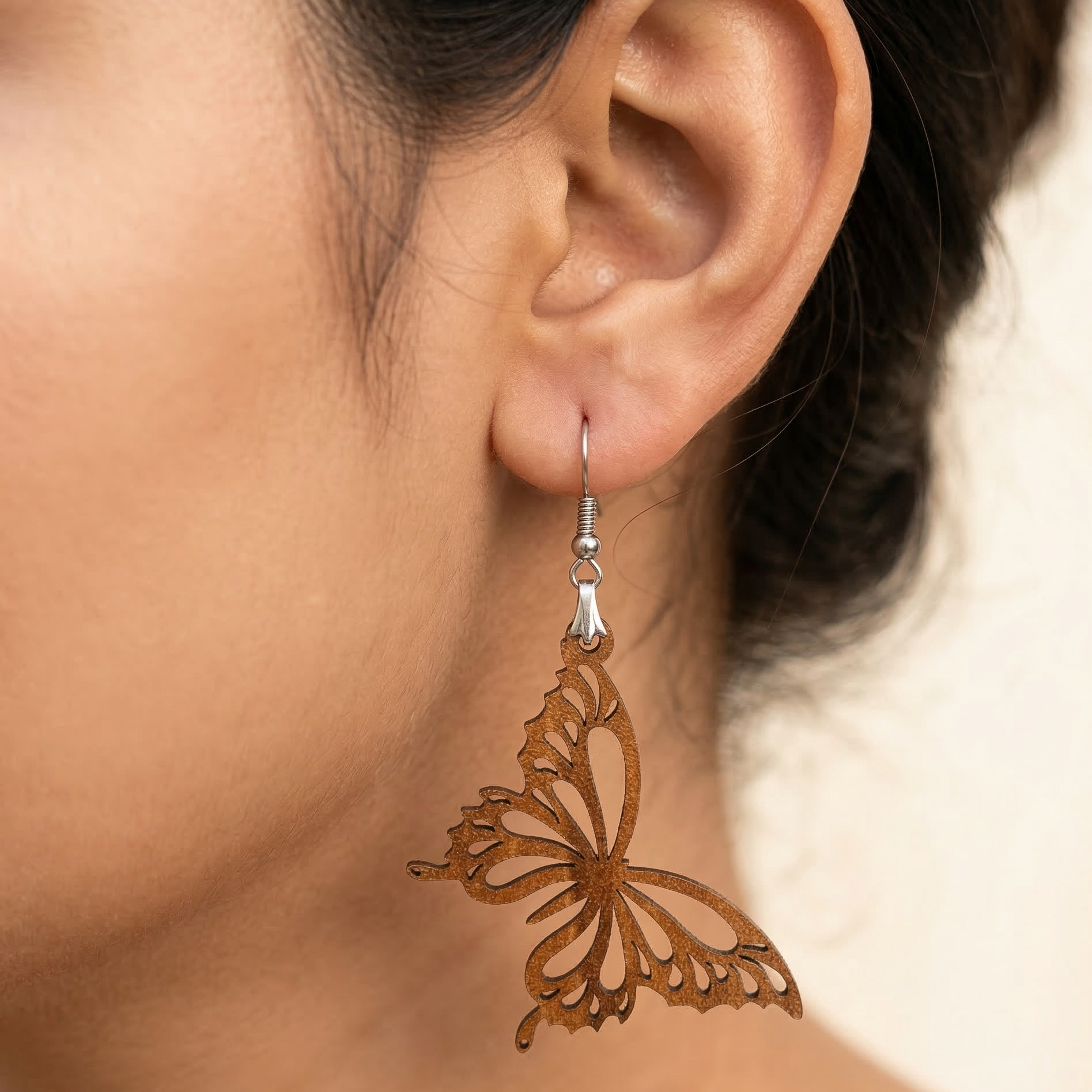 Butterfly wooden earrings for women lightweight boho statement dangle earrings with intricate butterfly design