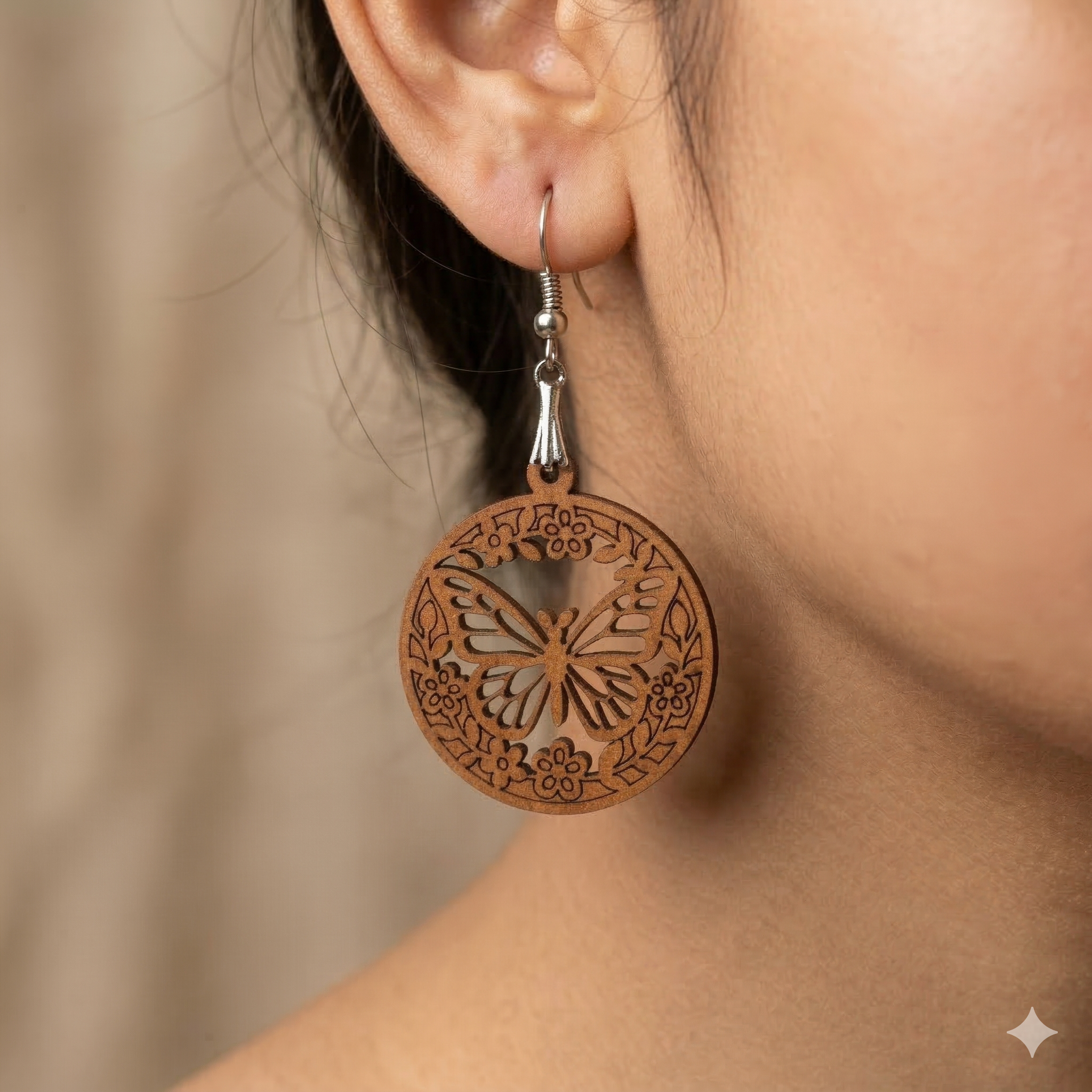 butterfly floral wooden earrings for women round butterfly dangle earrings nature inspired floral jewelry Main image