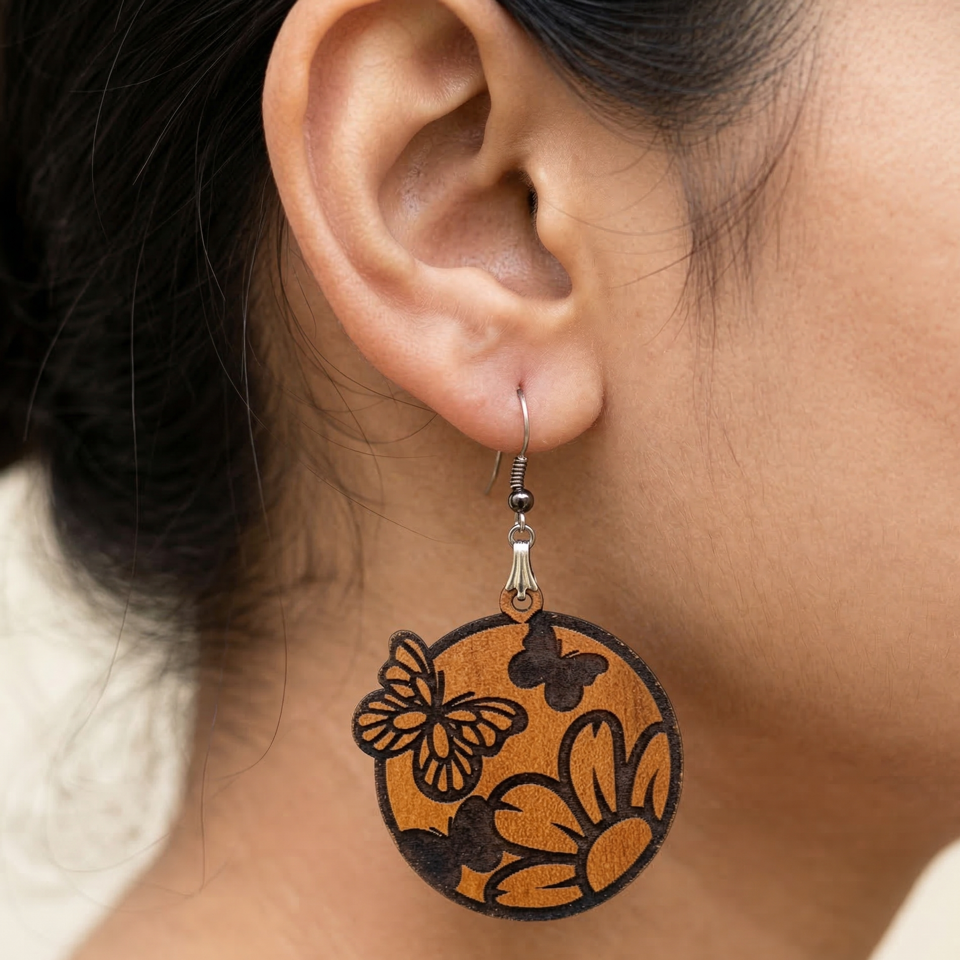butterfly garden wooden earrings for women boho floral round dangle earrings lightweight natural wood Main image