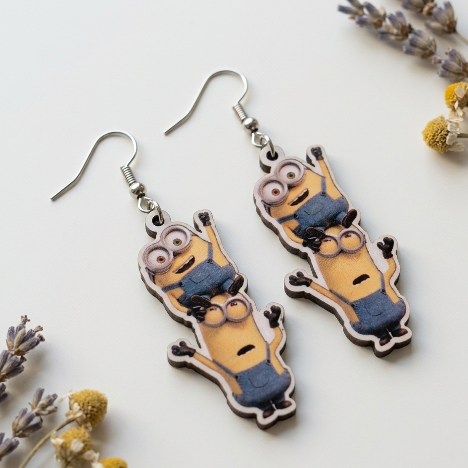 Cartoon minion wooden earrings duo character design fun playful dangle earrings for women Main image