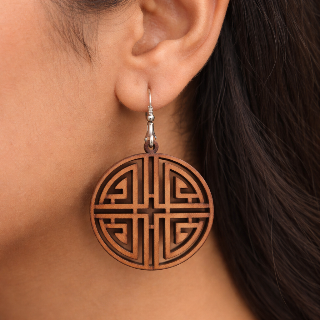 oriental longevity symbol wooden earrings for women round geometric cultural dangle earrings Main image