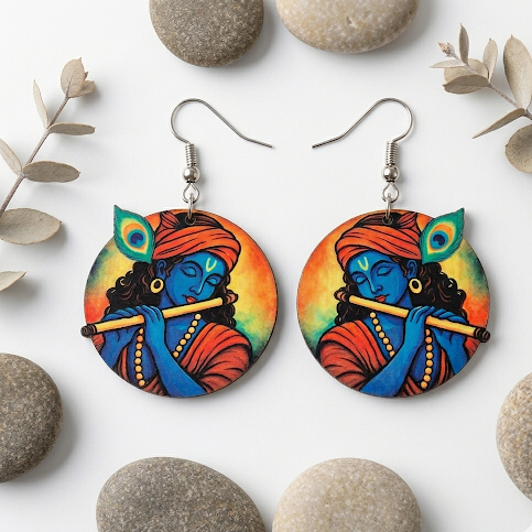 Colorful Krishna flute wooden earrings for women with peacock feather artistic design