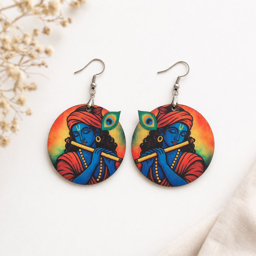 Colorful Krishna with flute wooden earrings for women with peacock feather artistic design