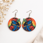 Colorful Krishna with flute wooden earrings for women with peacock feather artistic design