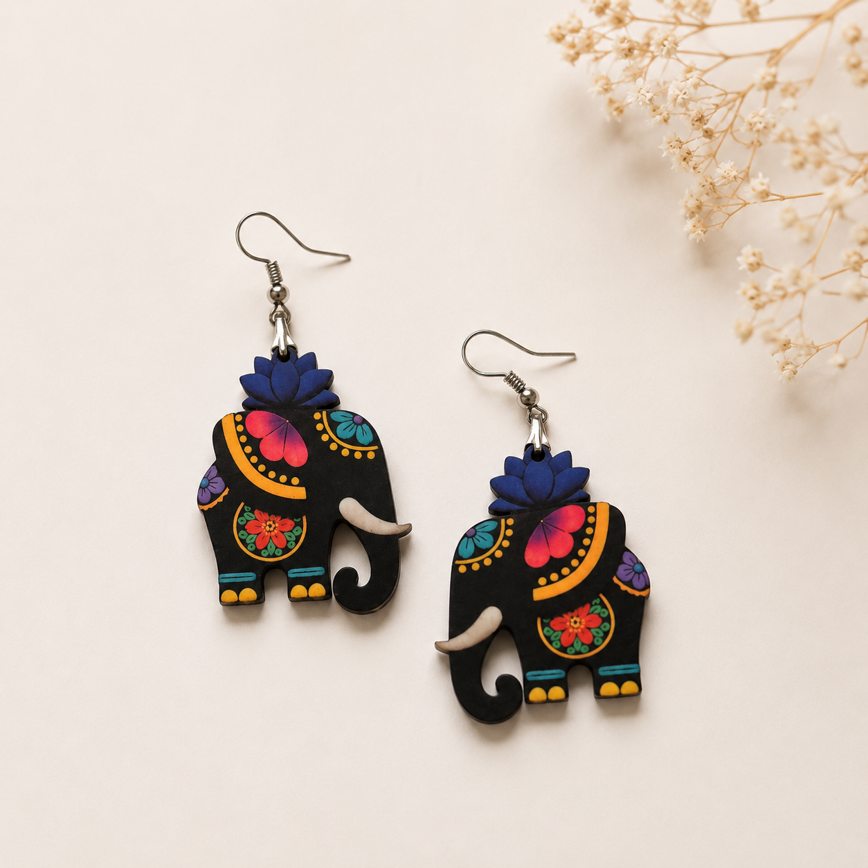 Colorful elephant wooden earrings for women with floral artistic design Main image