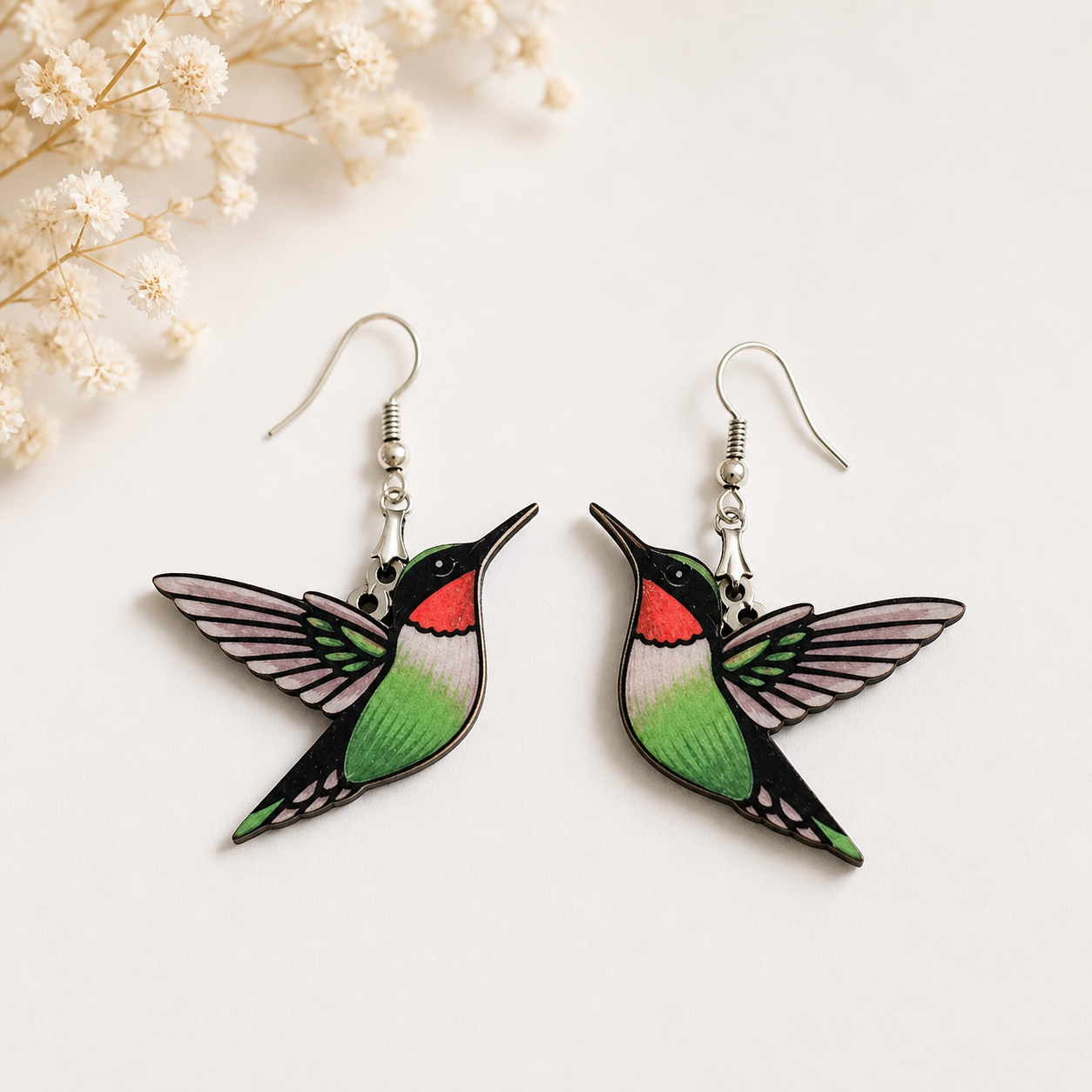 Colorful hummingbird wooden earrings for women with nature-inspired bird design