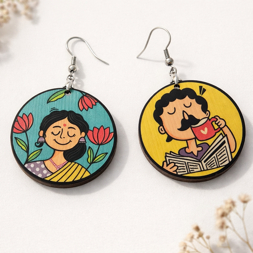 Colorful illustrated wooden earrings featuring a serene woman with flowers and a man enjoying tea, round handcrafted design