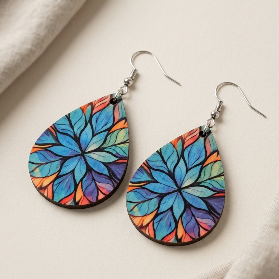 Colorful leaf teardrop wooden earrings vibrant boho nature dangle earrings for women Main image