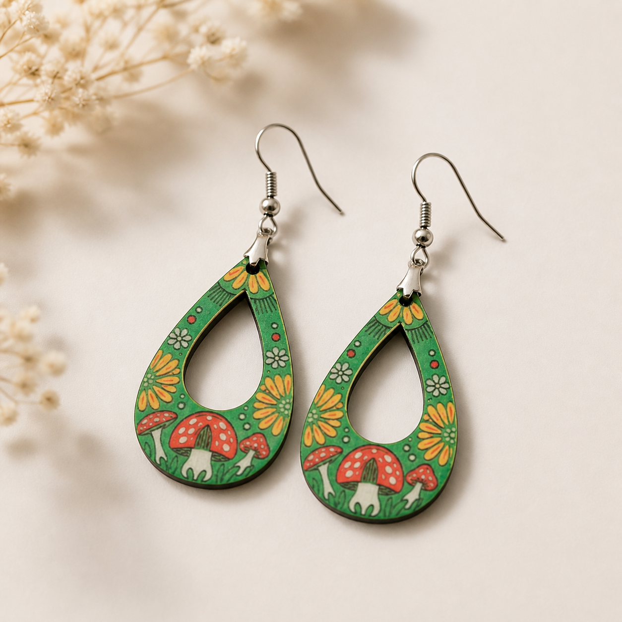 Colorful mushroom floral wooden earrings for women Main image