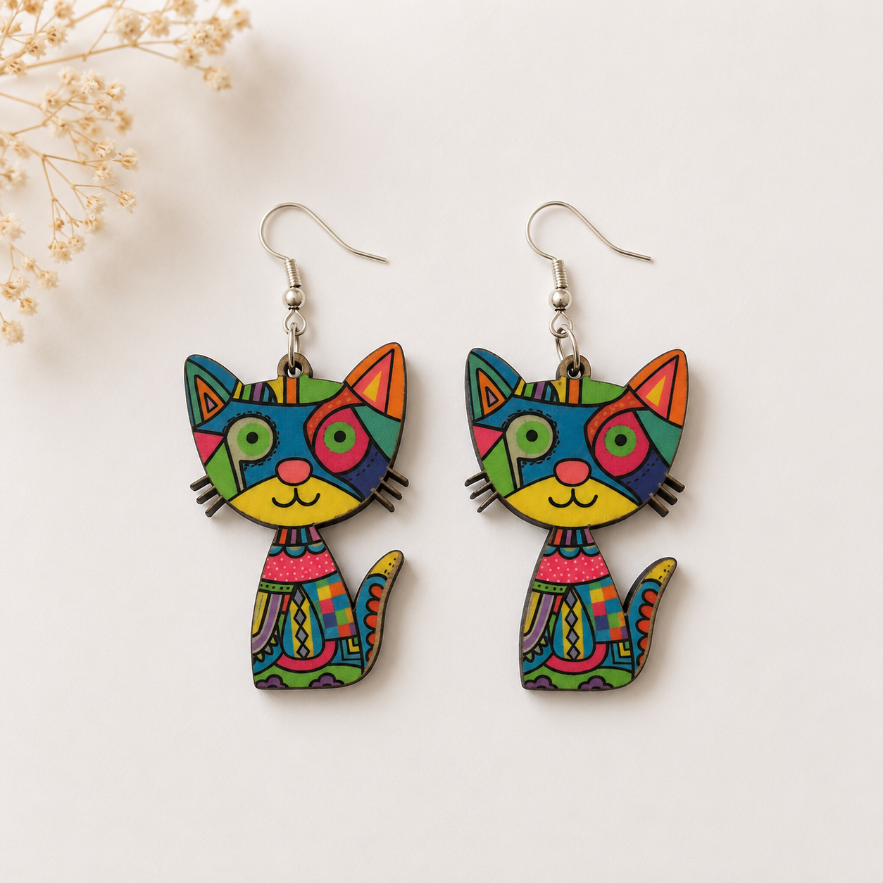 Colorful pop art cat wooden earrings with blue, yellow and pink patchwork design
