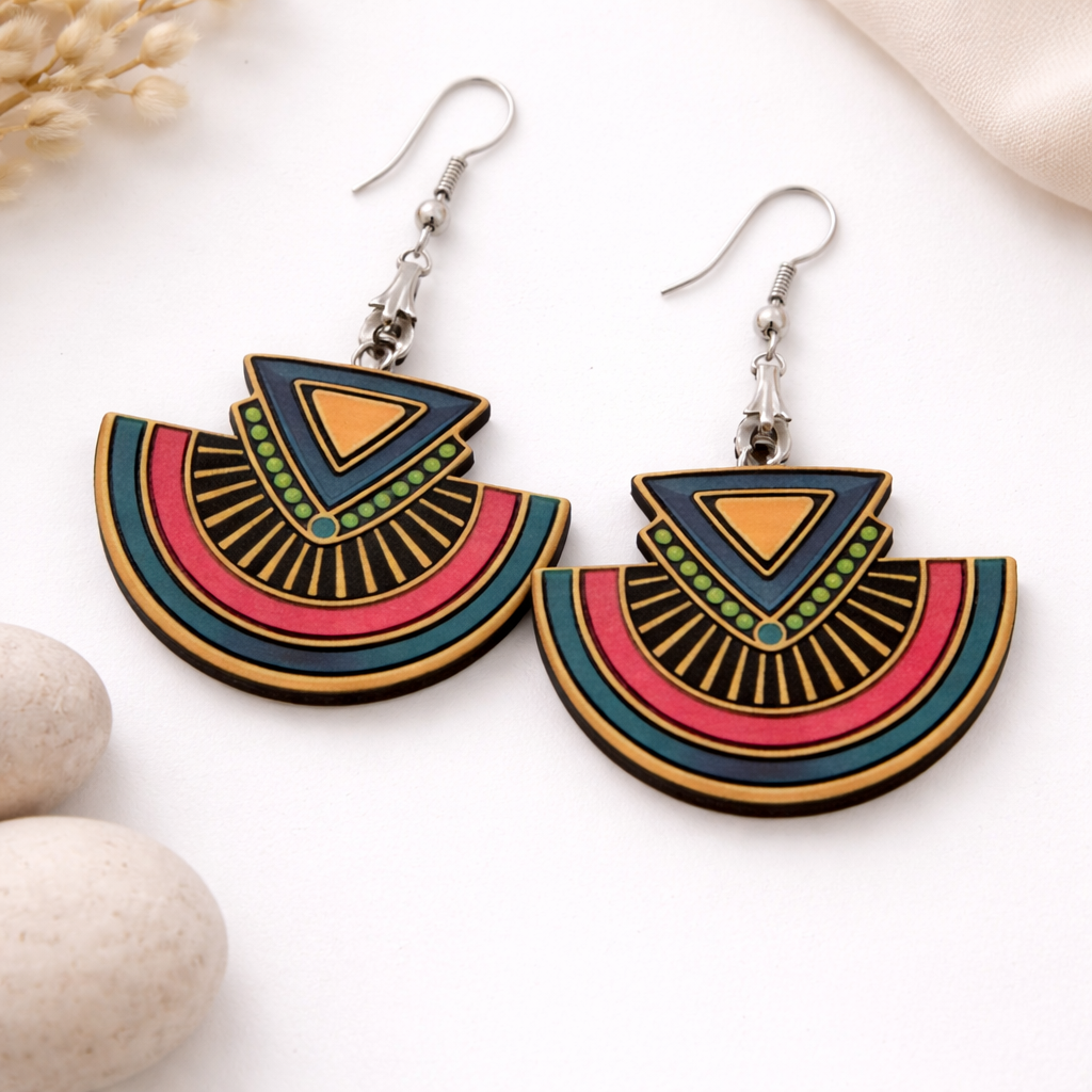 Colorful tribal arc wooden earrings with geometric pattern and triangle design for women boho statement jewelry Main image