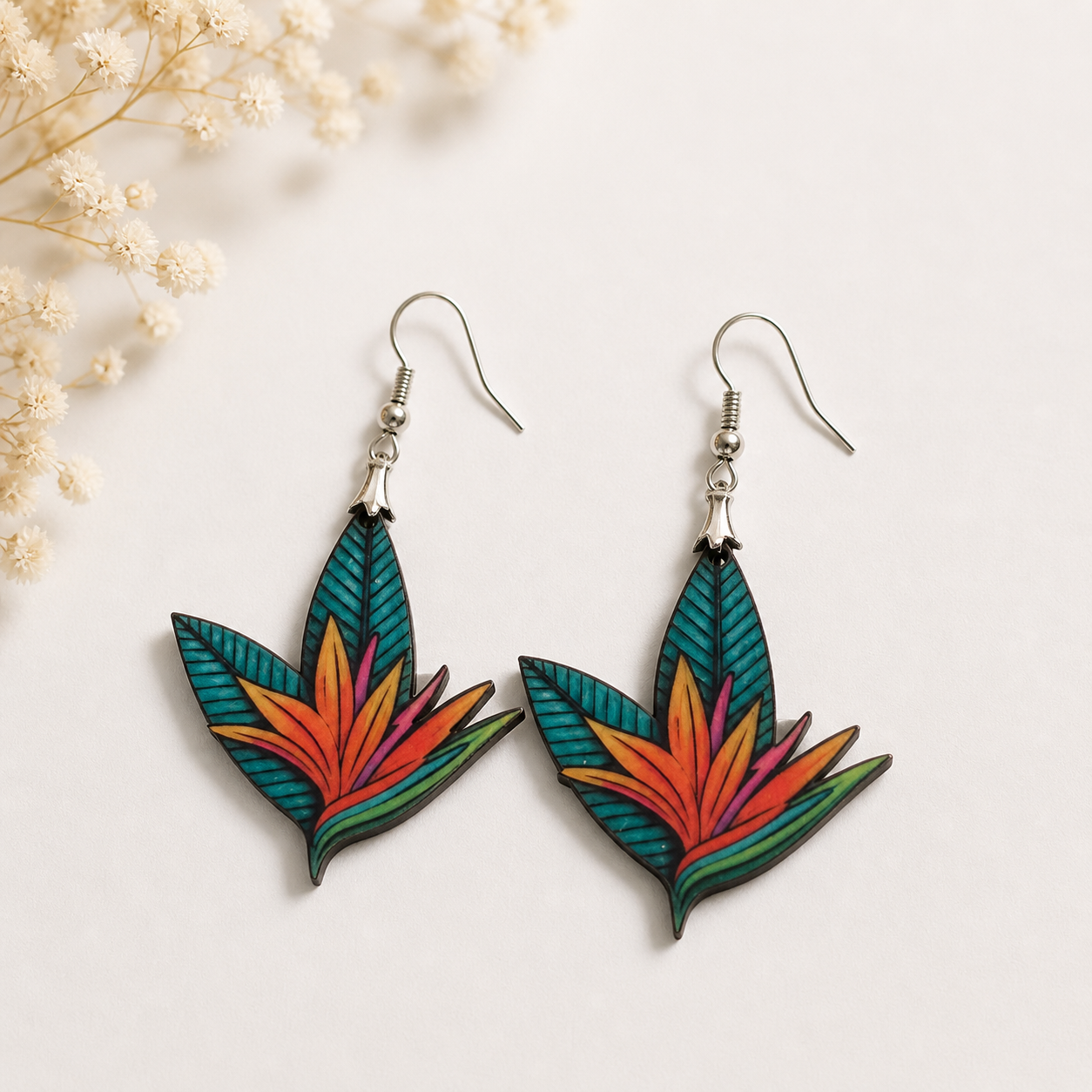 Colorful tropical flower wooden earrings for women with vibrant floral leaf design Main image