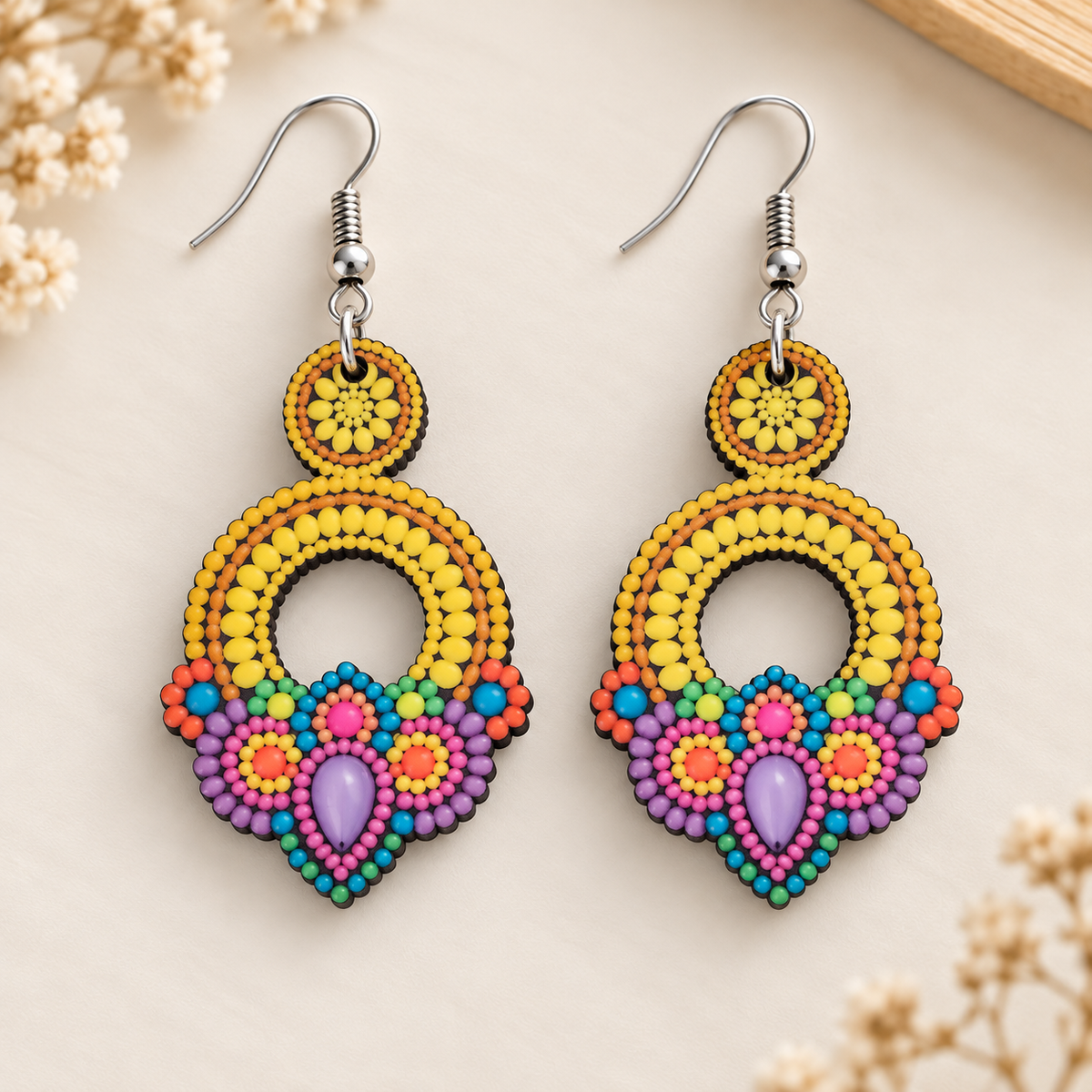 Colourful dot mandala wooden earrings for women – boho dangler with yellow ring and pink, purple, blue dot pattern Main image