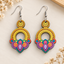 Colourful dot mandala wooden earrings for women – boho dangler with yellow ring and pink, purple, blue dot pattern