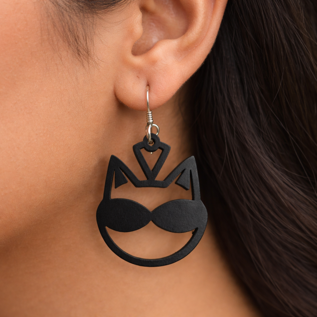 cool cat wooden earrings for women cat face sunglasses fun playful dangle earrings Main image