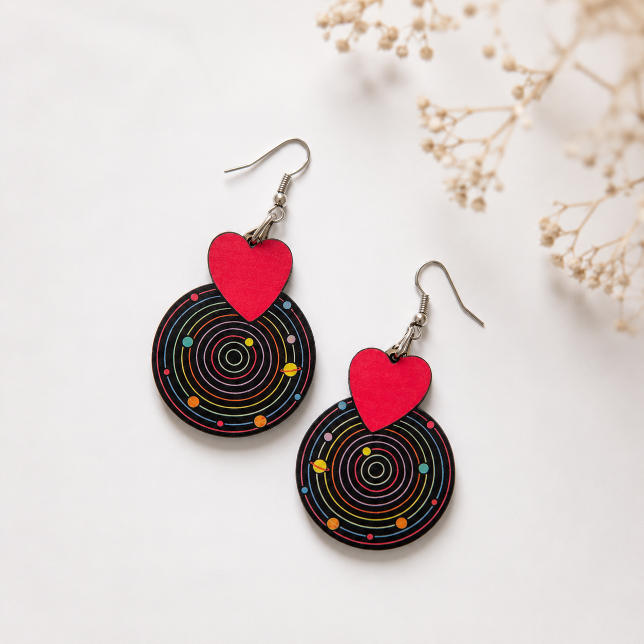 Cosmic heart wooden earrings for women with colorful galaxy orbit design