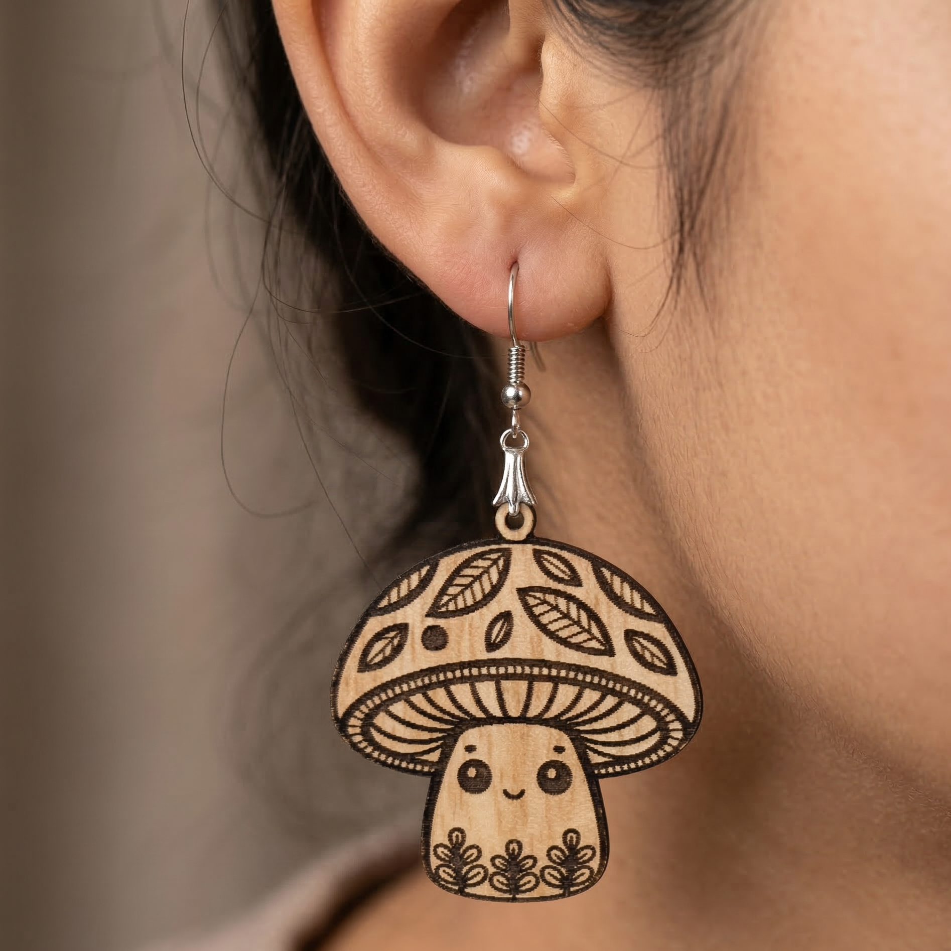 cute mushroom engraved wooden earrings for women kawaii nature fun lightweight dangle earrings Main image