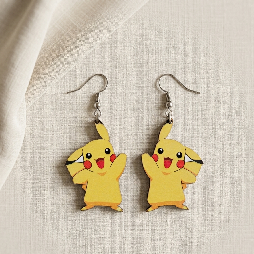 Cute Pikachu wooden earrings for women lightweight cartoon dangling earrings