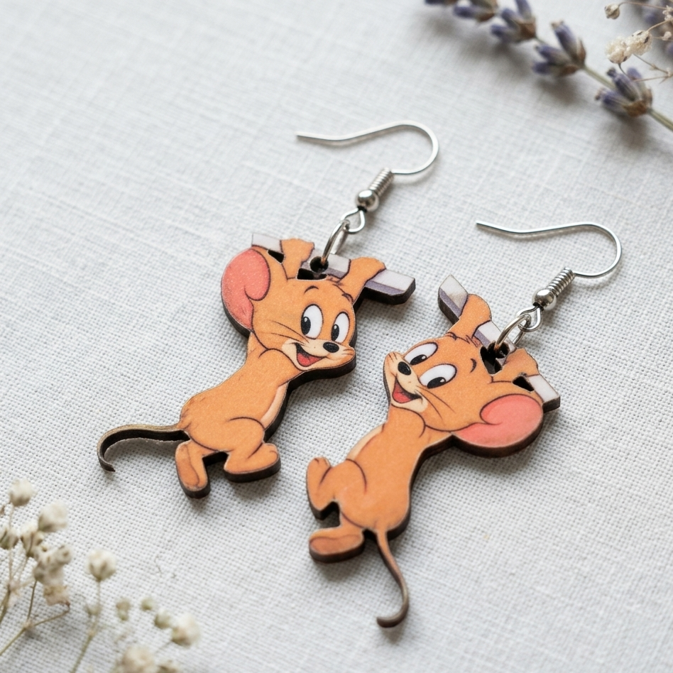 Cute cartoon mouse wooden earrings playful animated character dangle earrings for women Main image