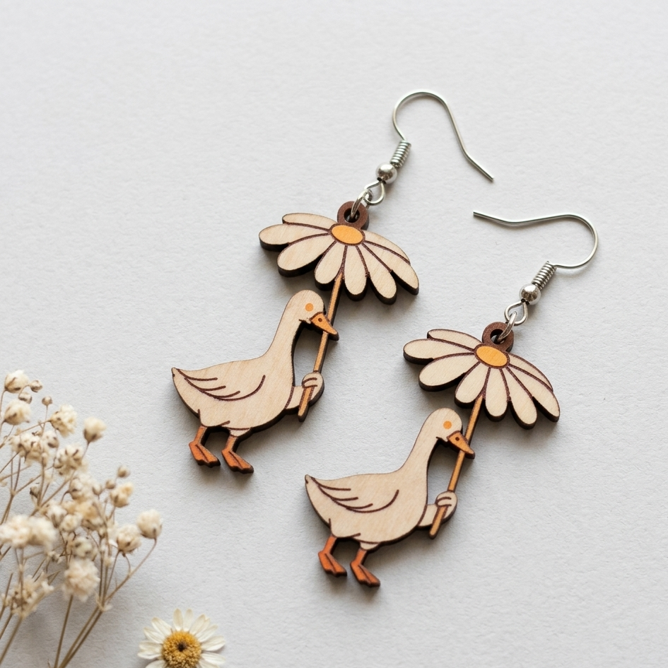Cute duck holding daisy wooden earrings nature inspired animal floral dangle earrings for women Main image