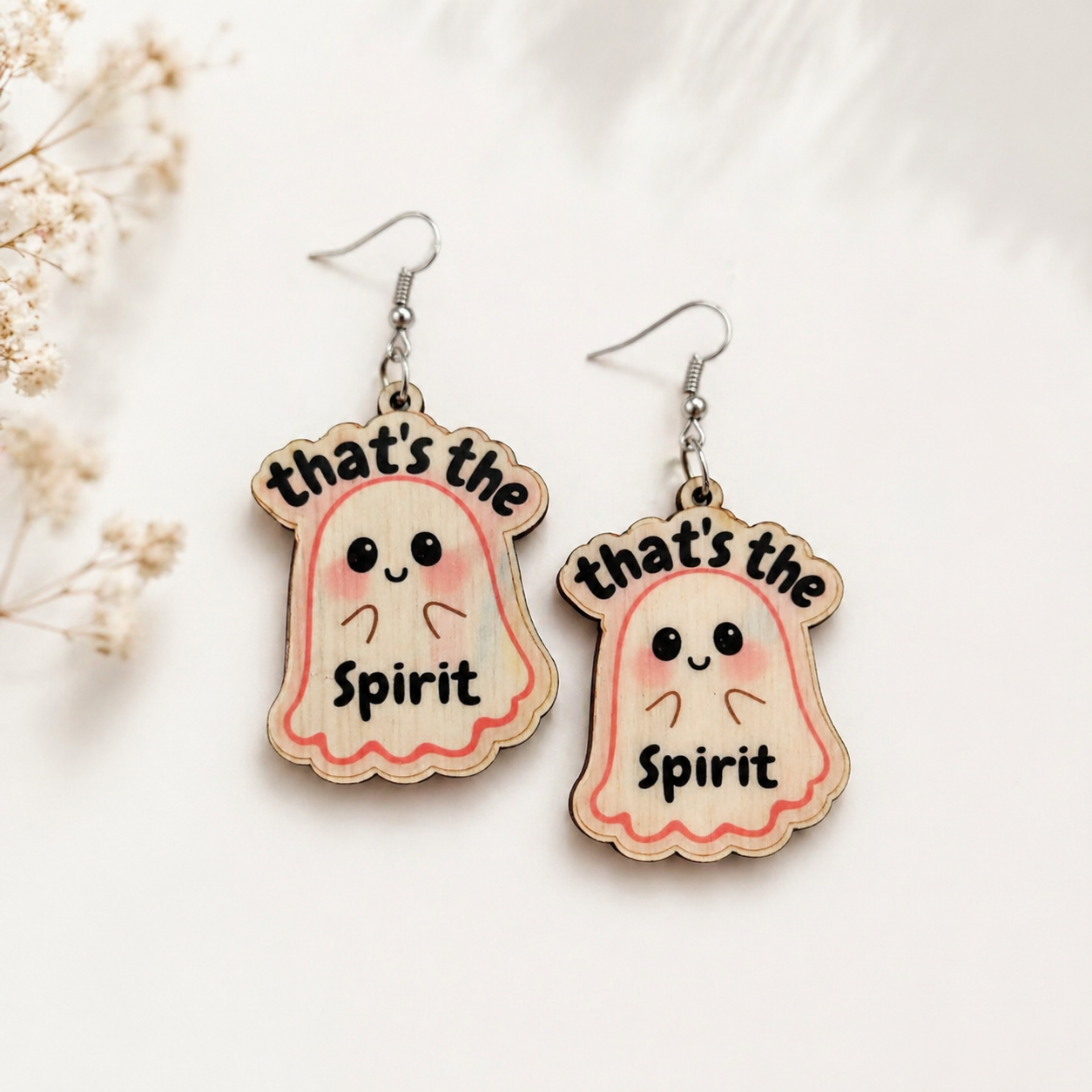 Cute ghost wooden earrings with “That’s The Spirit” text, quirky lightweight earrings for women Main image