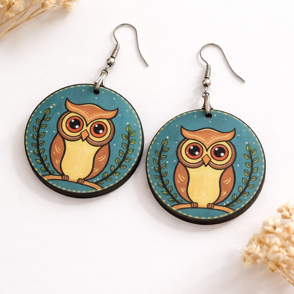 Cute owl wooden earrings for women with nature-inspired round wildlife design Main image