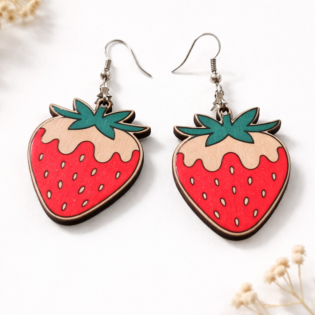 Cute strawberry shaped wooden earrings with vibrant red and green design, lightweight handmade style jewelry for women Main image