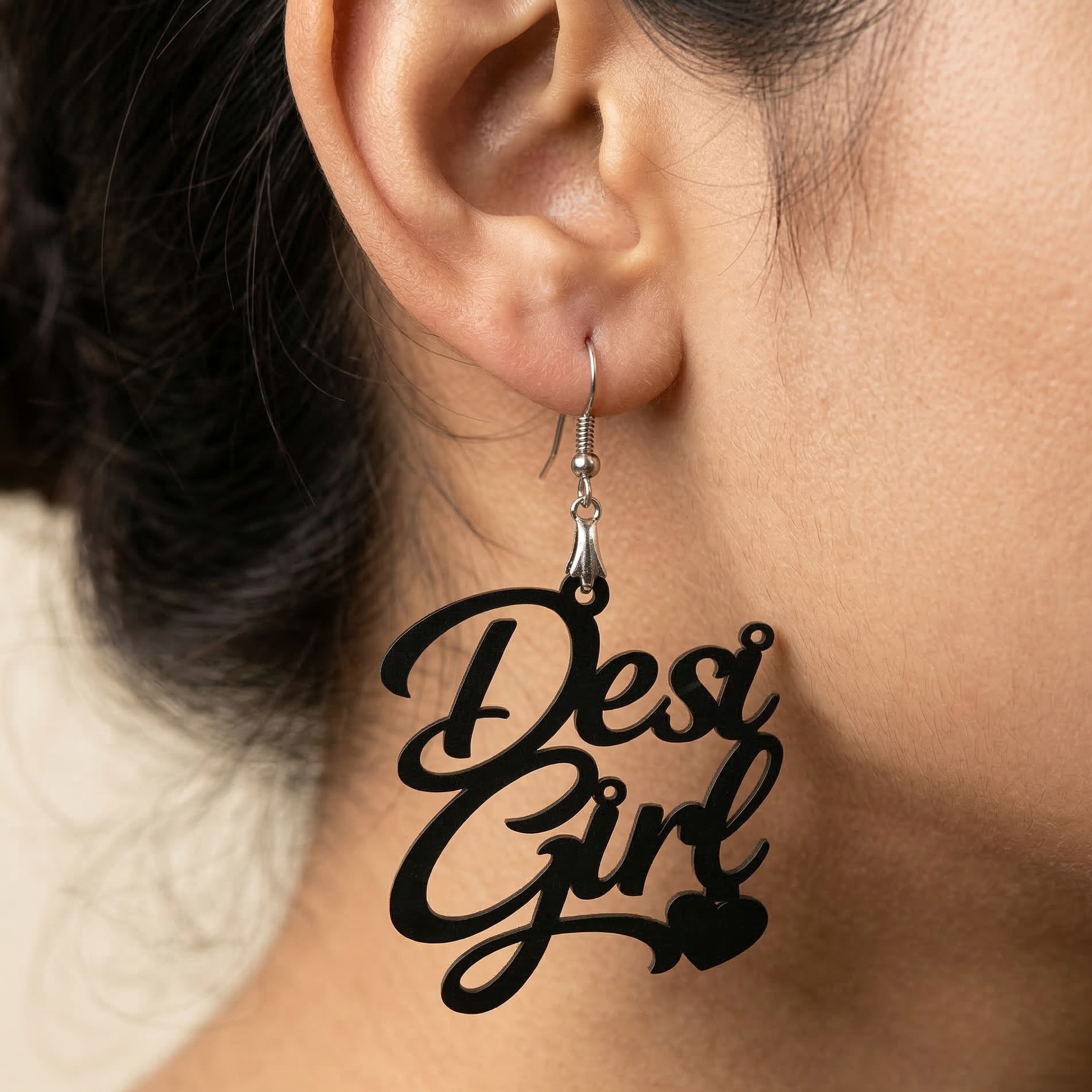 desi girl wooden earrings for women bold script statement dangle earrings Main image