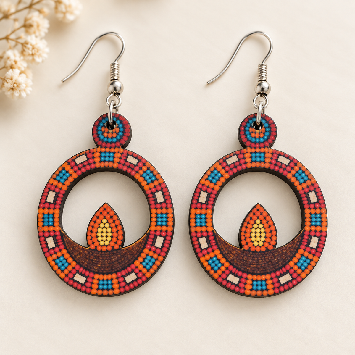 Diwali diya wooden earrings for women – oval cut-out dangler with beadwork pattern in red, orange and turquoise Main image