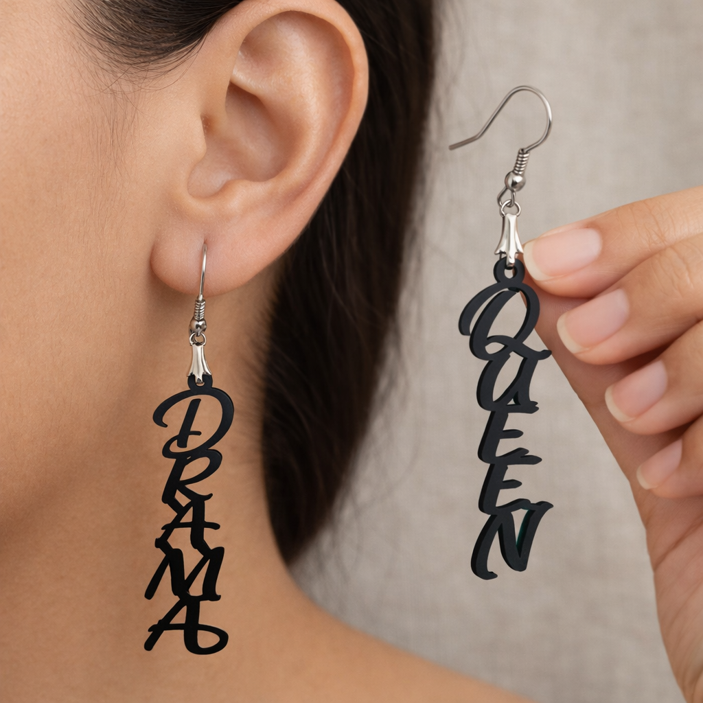 Drama Queen wooden earrings for women featuring bold script lettering lightweight statement fashion jewelry. Main image