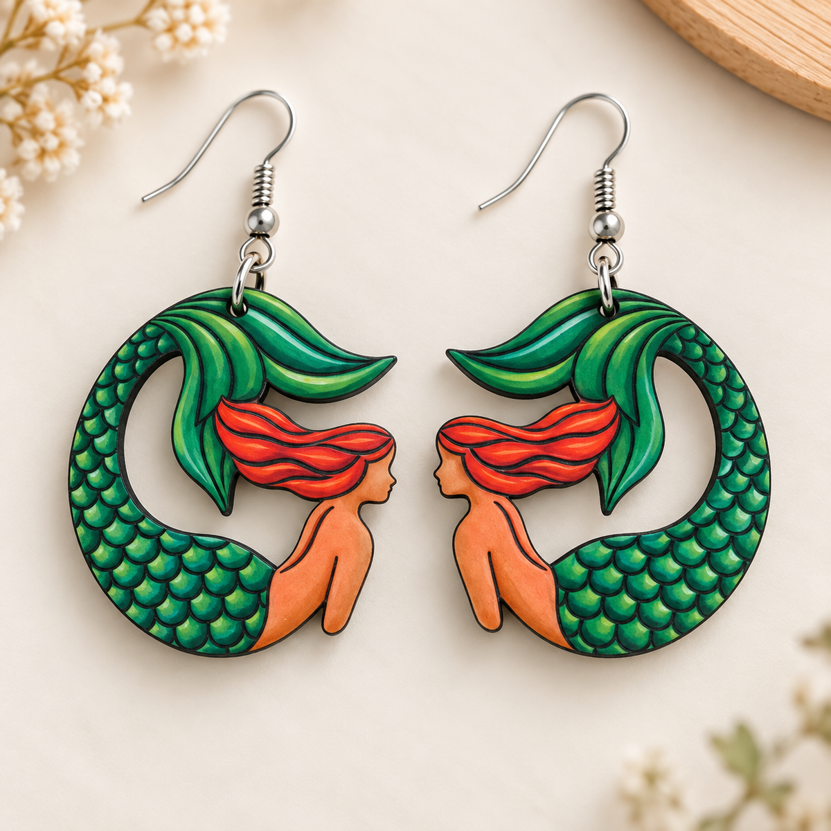 Emerald mermaid wooden earrings for women – ocean boho dangler with green scale tail and red hair