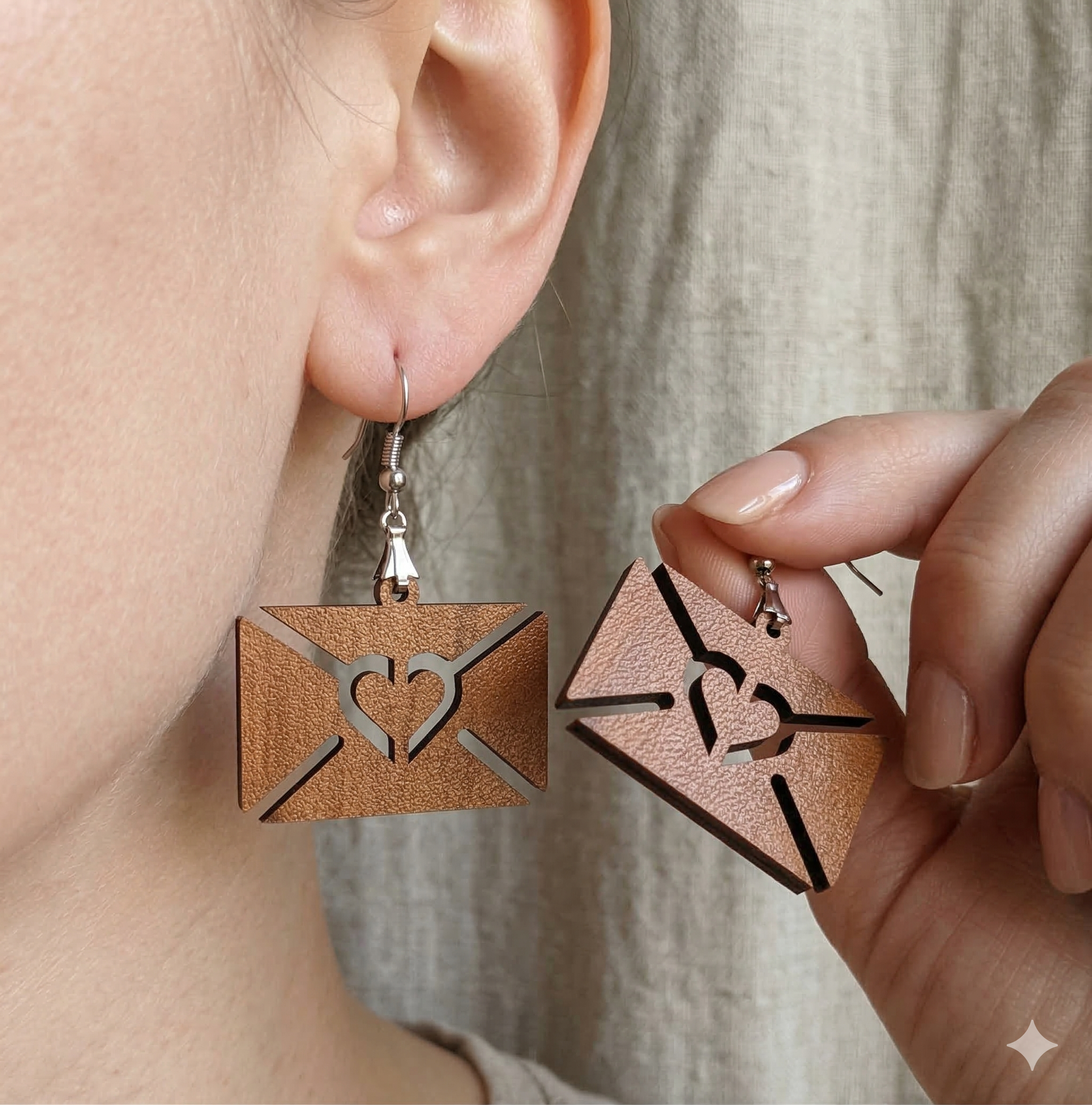 Envelope shaped wooden earrings for women with heart cutout romantic love letter design lightweight statement jewelry. Main image