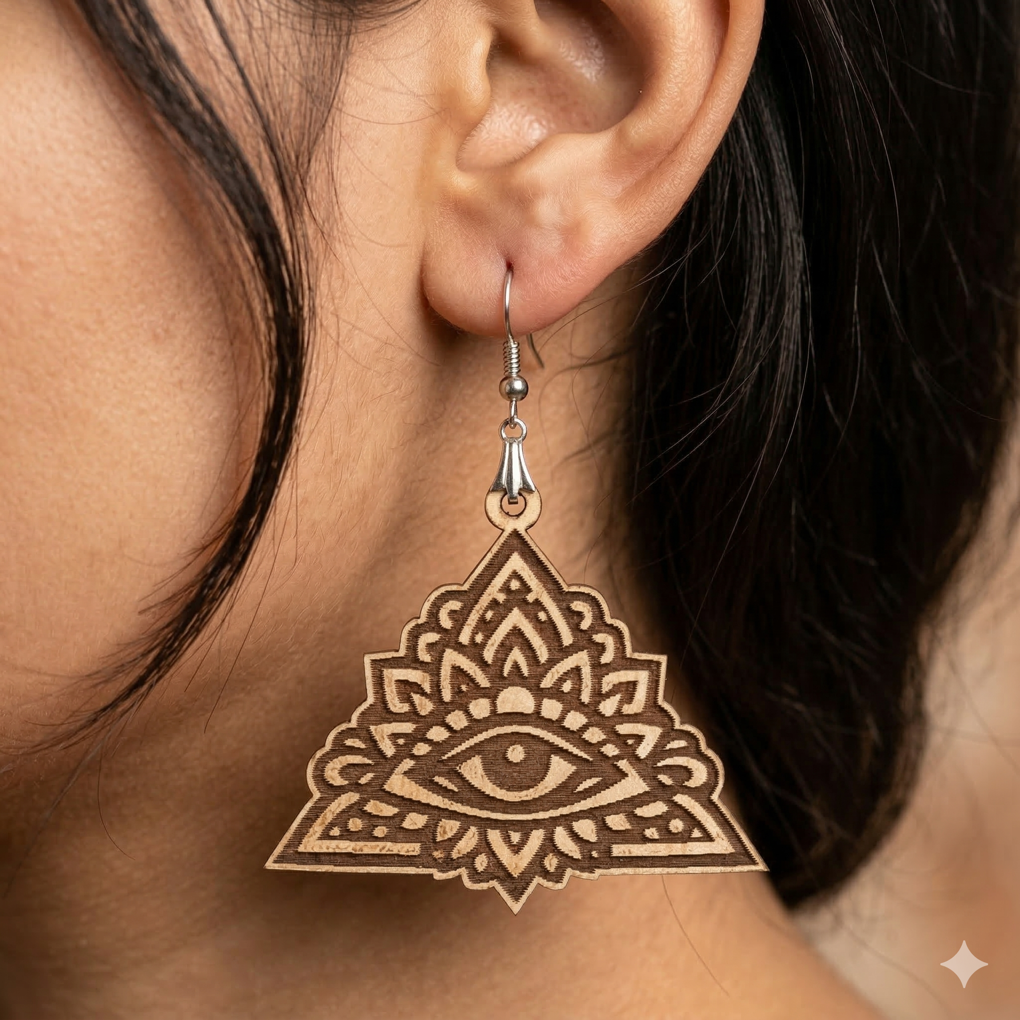 evil eye mandala engraved wooden earrings for women boho spiritual triangle dangle earrings Main image