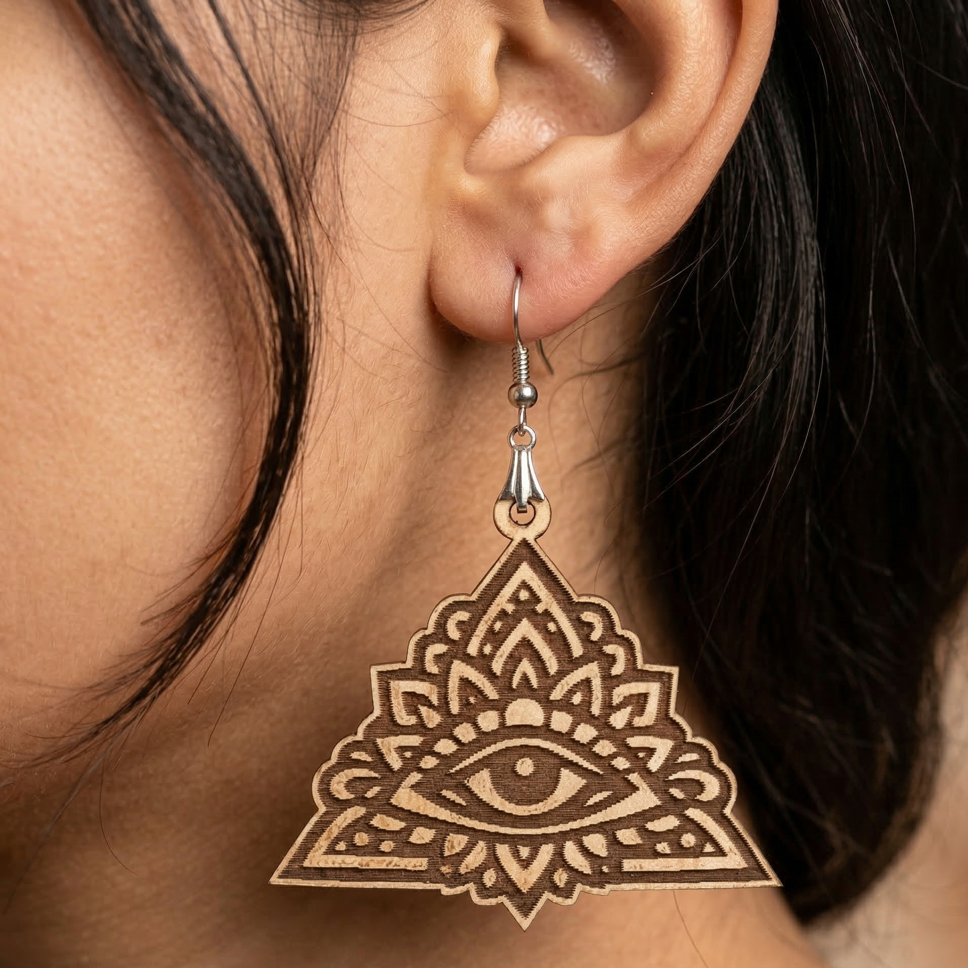 evil eye mandala engraved wooden earrings for women boho spiritual triangle dangle earrings