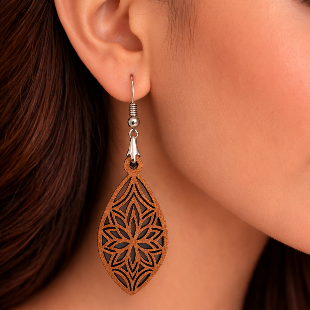 Floral Cutout Wooden Drop Earrings for Women | Elegant Nature-Inspired Statement Earrings Secondary image