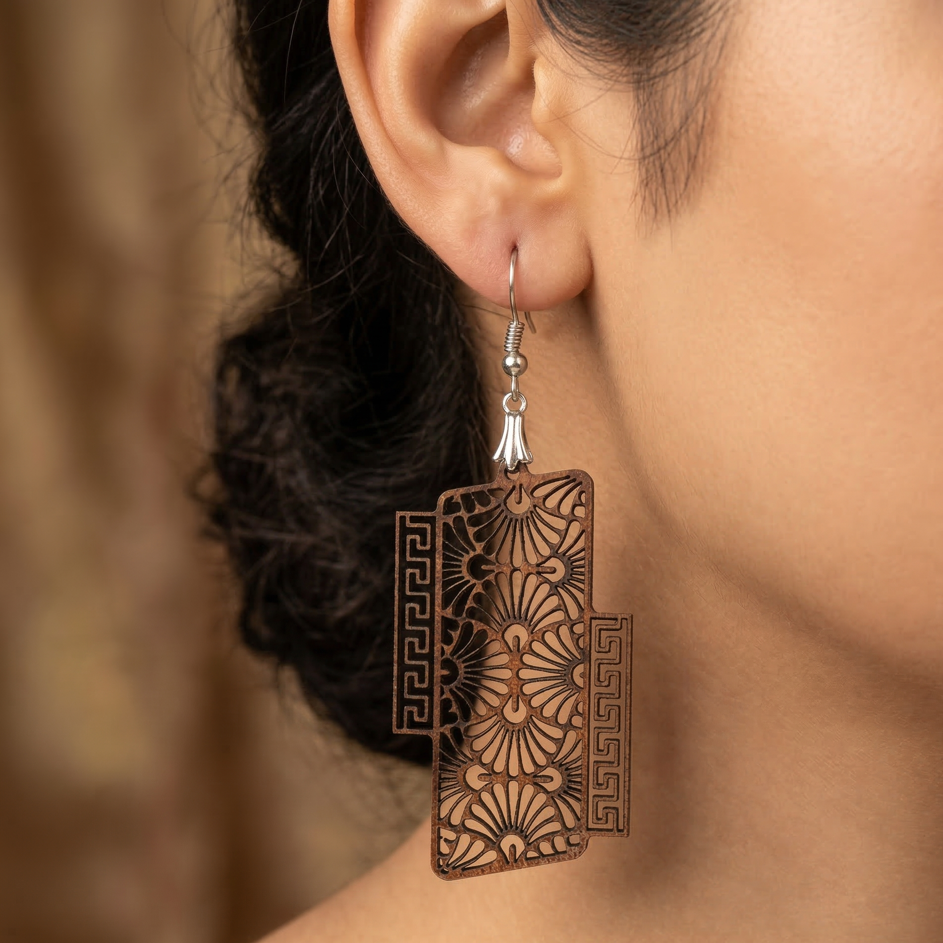 floral filigree panel wooden earrings for women boho ethnic rectangular cutout dangle lightweight statement