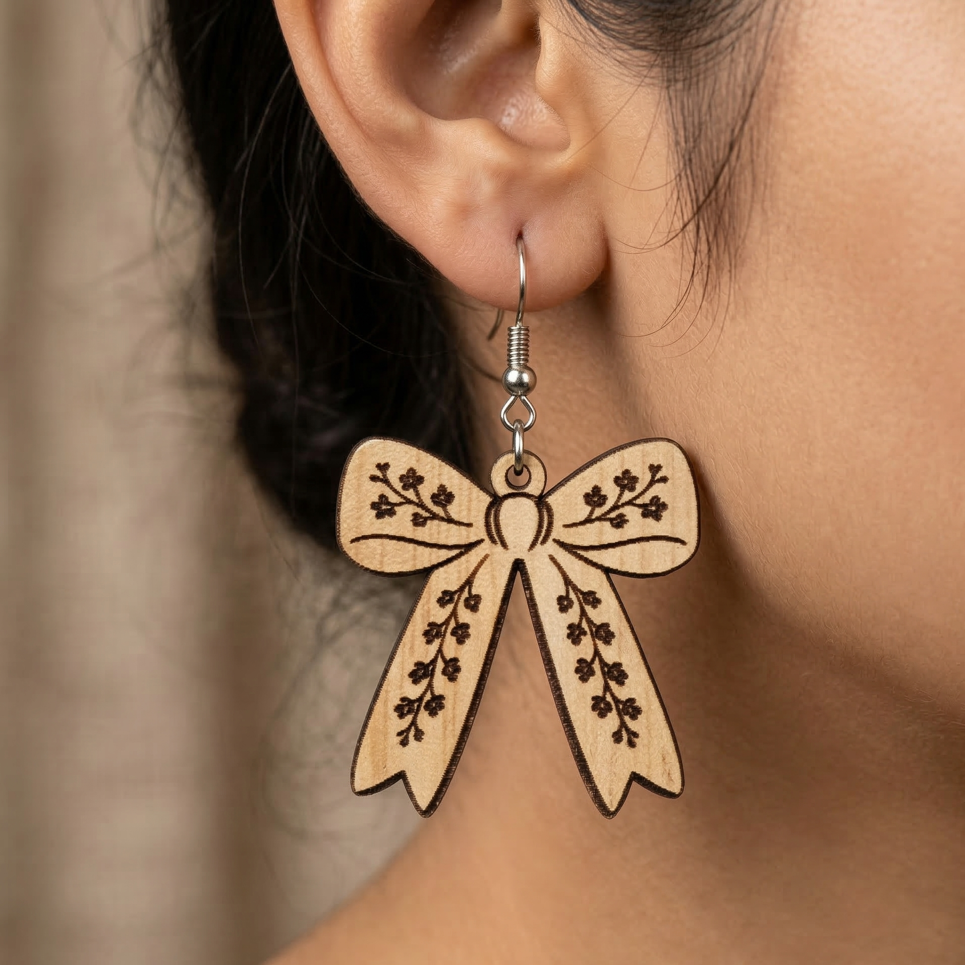 floral ribbon bow wooden earrings for women cute botanical bow dangle earrings lightweight feminine jewelry Main image