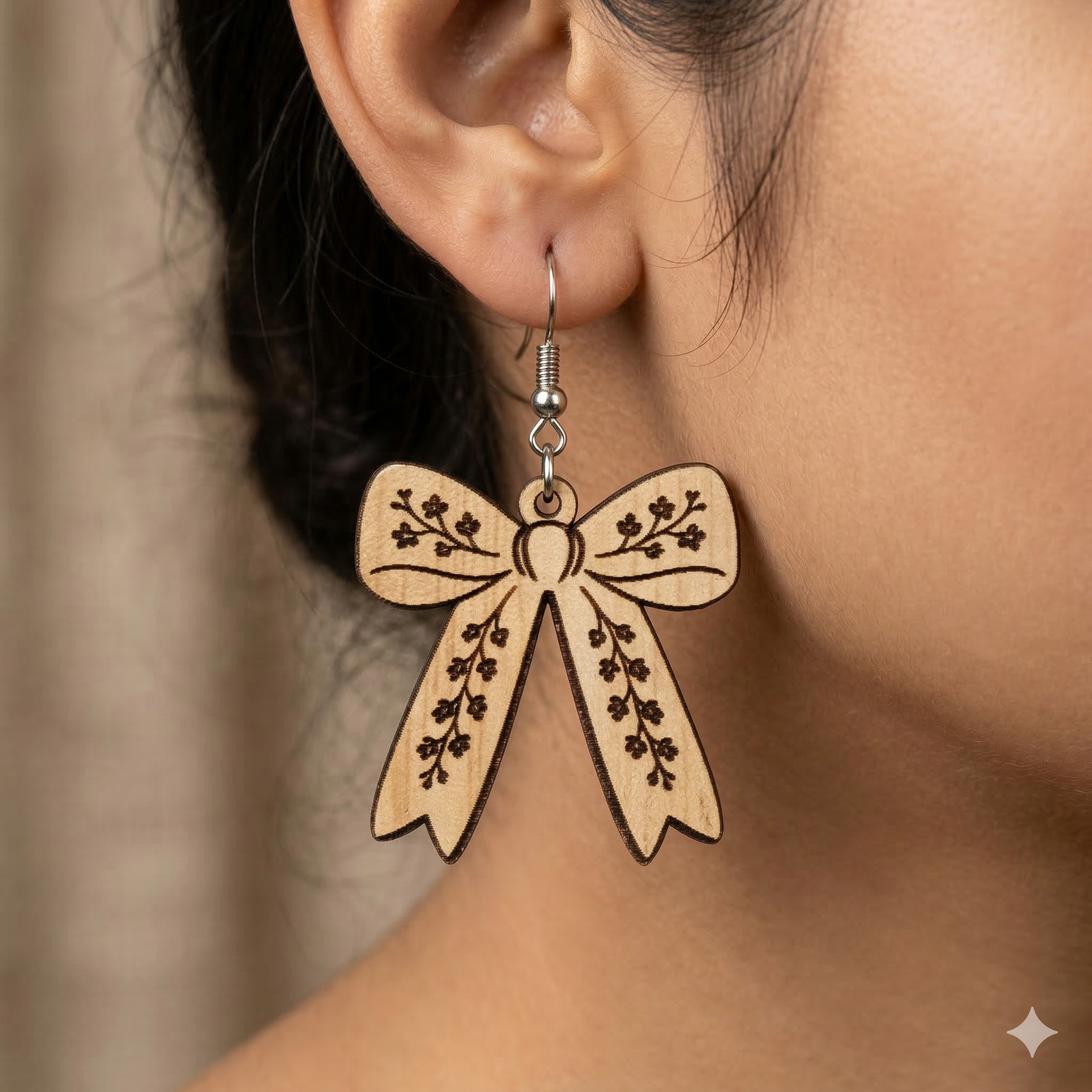 floral ribbon bow wooden earrings for women cute botanical bow dangle earrings lightweight feminine jewelry Main image