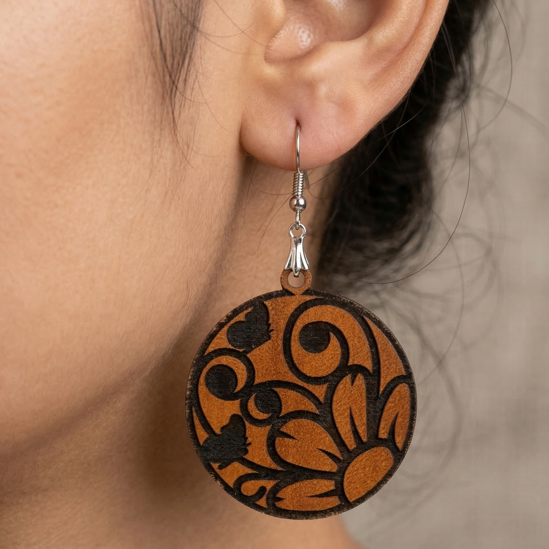 floral swirl engraved wooden earrings for women round boho floral dangle lightweight natural wood Main image