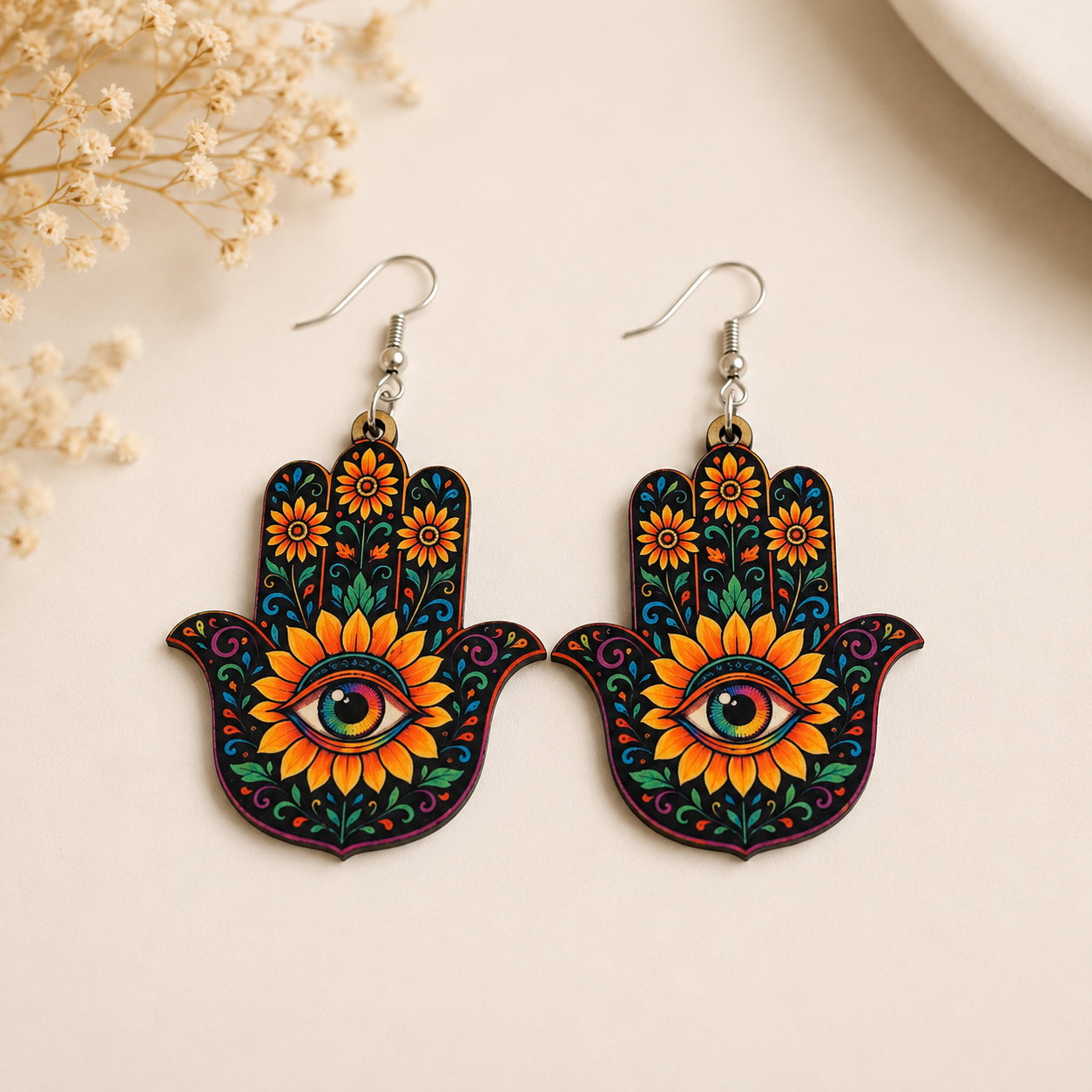 Floral Hamsa hand wooden earrings for women with colourful eye and flower design