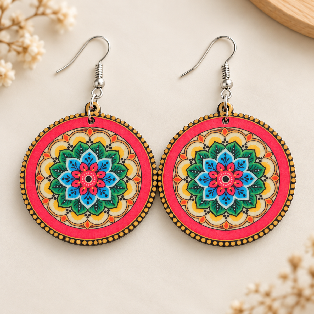 Floral mandala round wooden earrings for women – colourful boho dangler with pink border and blue-green flower pattern