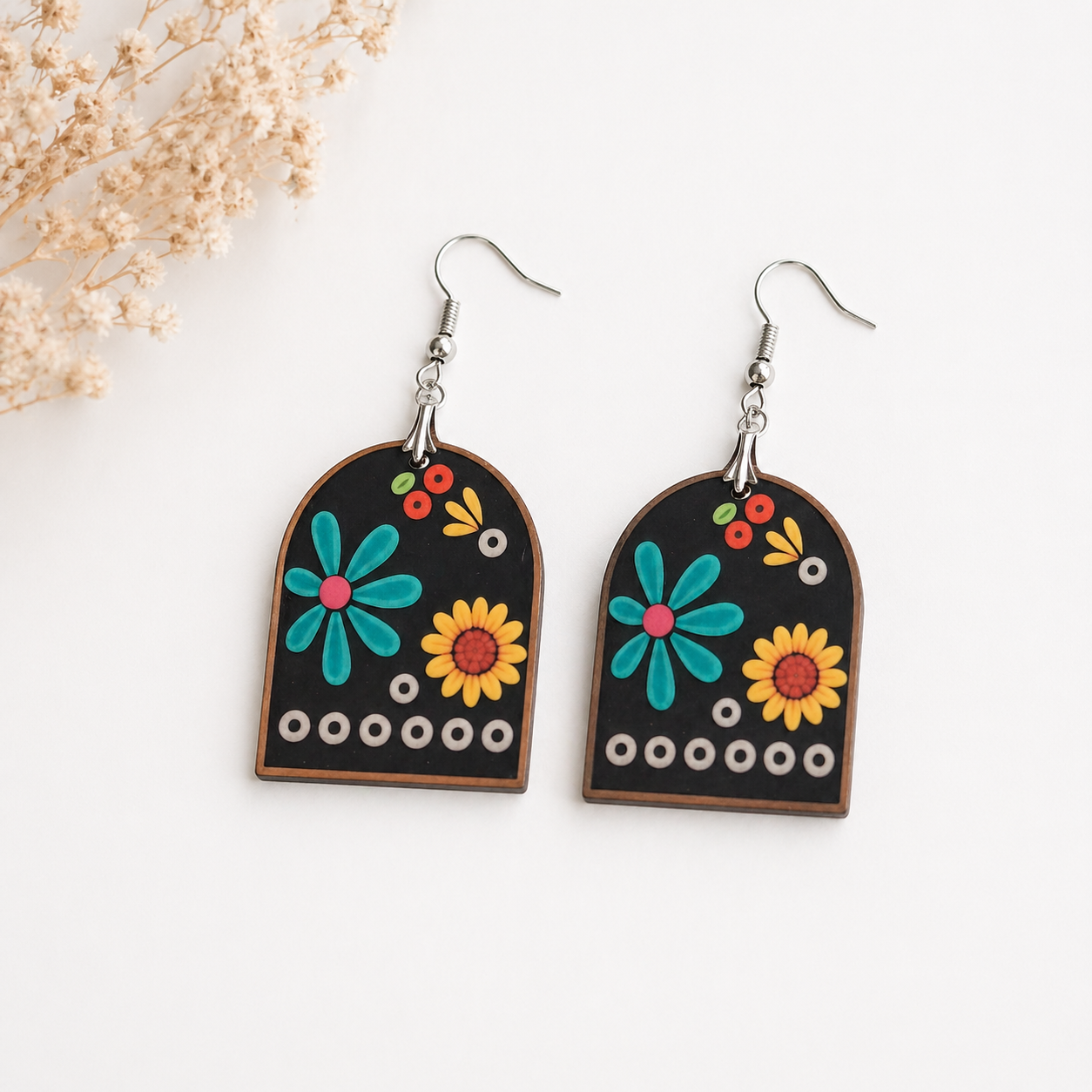 Floral wooden earrings with colorful flower design on black background arch shape boho style jewelry for women Main image