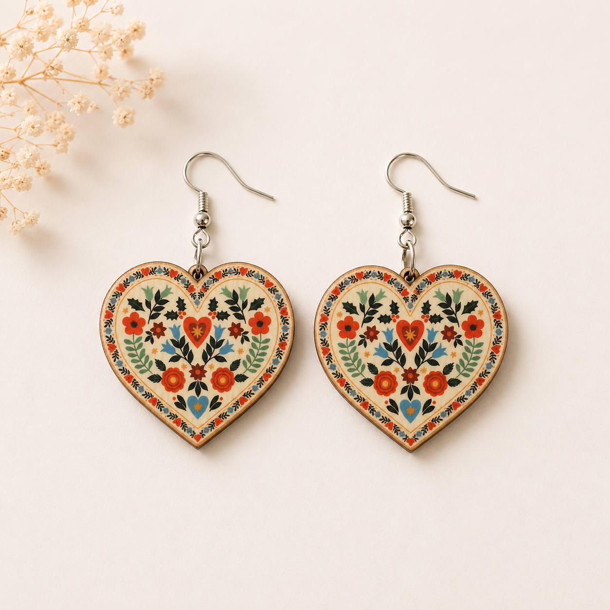 Folk Floral Heart Wooden Earrings for Women featuring colorful botanical folk art heart design with lightweight silver hooks Main image